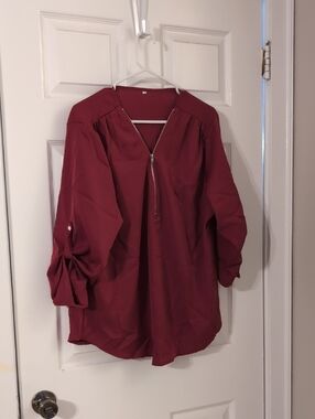 Women's Zip-Front Long-Sleeve Blouse in Burgundy